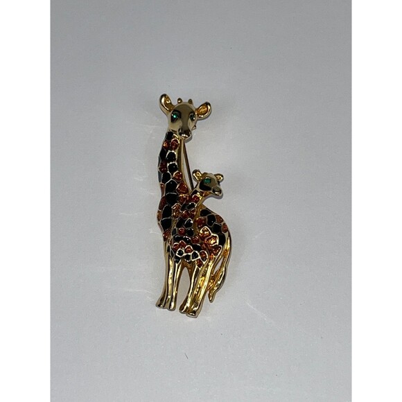 Vintage Giraffe Mother & Baby Brooch Gold Tone Enamel Amber Rhinestones Animal - Picture 7 of 11